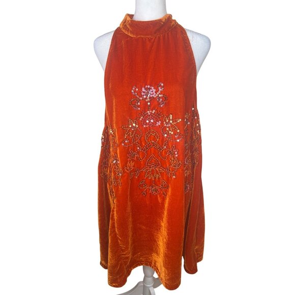 Free People Jill's Sequin Swing Velvet Halter Mini Dress Orange Sleeveless Large - Picture 7 of 16
